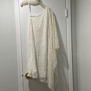 Ivory Adrianna Papell One Shoulder Sequin Beaded Kaftan Cocktail Dress Sz Small
